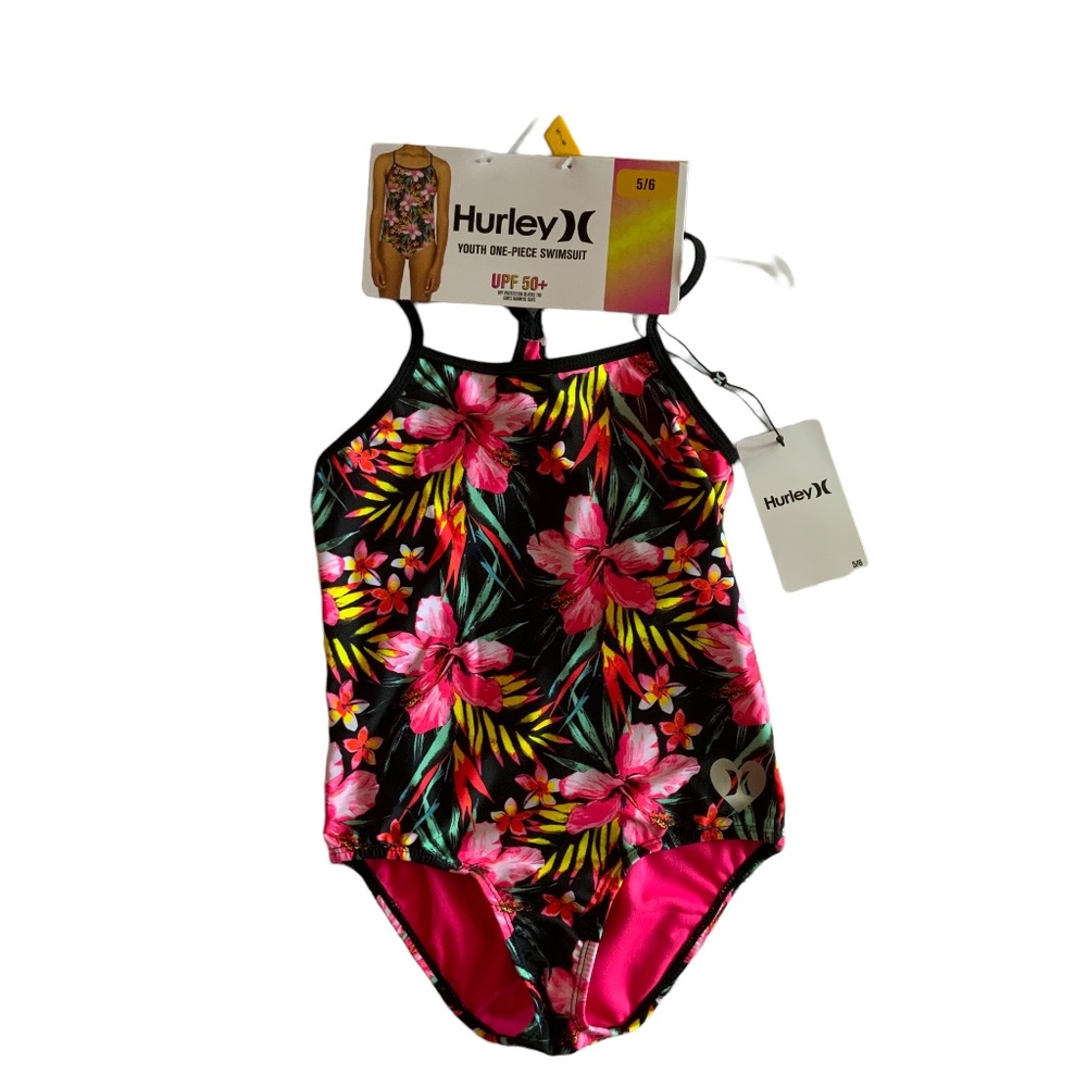 Hurley Girls  Black Floral Swimsuit Sz 5/6